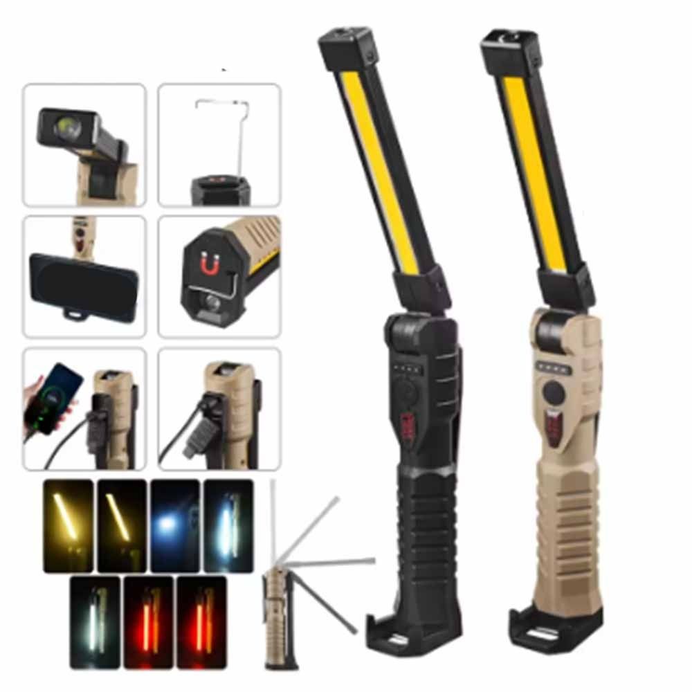 Working Torch Multi-functional Foldable COB Flashlight Magnetic Base Rechargeable Folding Work Light Metal Hook 7 Light Modes Emergency Car Lamp Car Inspection