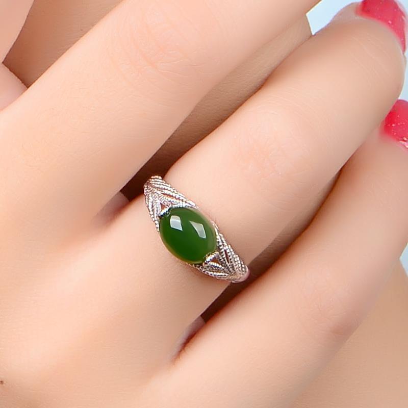 【Mega Simulation Hetian Jade Green Chalcedony Elegant Retro Ring Women's Simple Ring