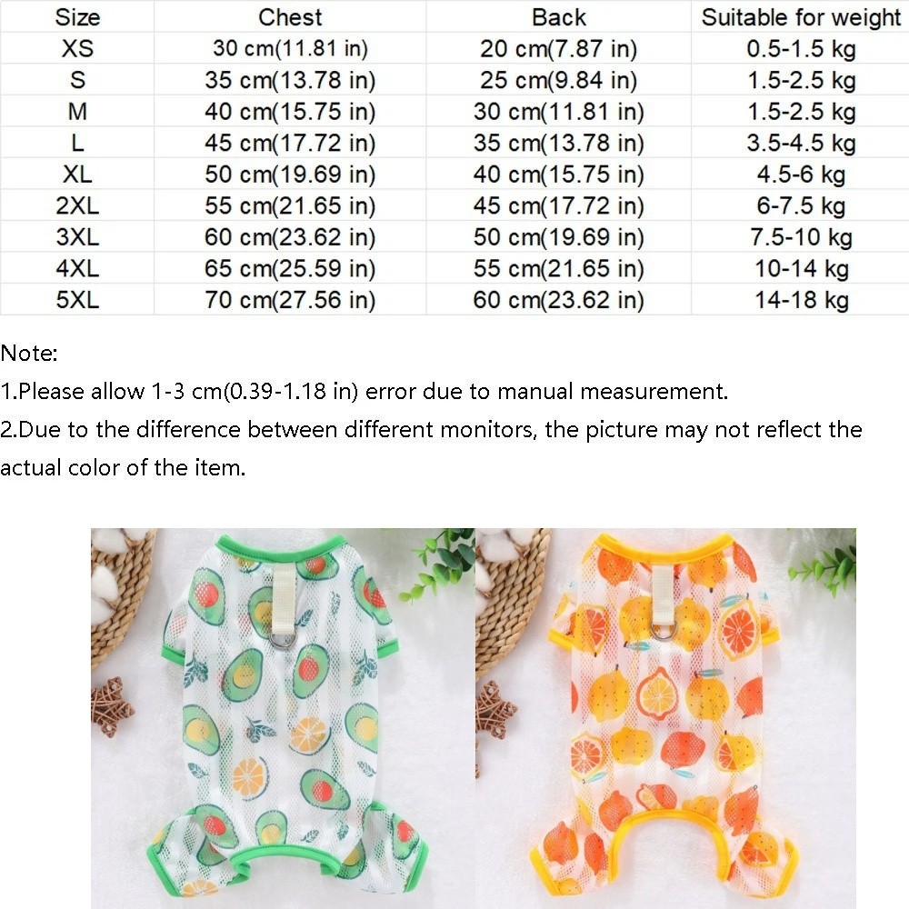 Cute Thin Breathable Pet Cooling Jumpsuit Mesh Fruit Pattern Dog Sunscreen Clothing Comfortable Pet Bodysuit Outdoor