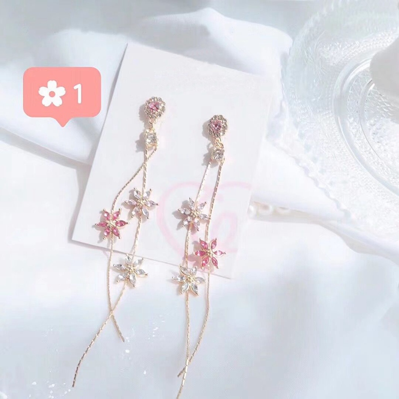 【Hongtai Store】GJIQIAO 2023 New Korean Crystal Pink Flower Tassel Long Drop Earrings For Wo Elegant Dangle Pendientes