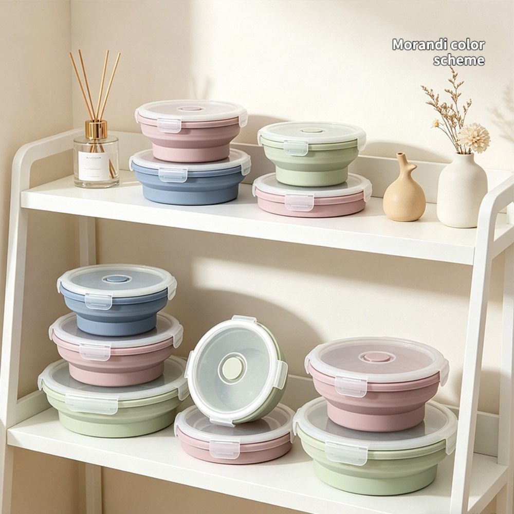 Compact Solid Colors Foldable Silicone Lunch Box Multiple Sizes with Lids Portable Food Container Sealed Preservation Microwaveable Silicone Collapsible Bowl Kitchen