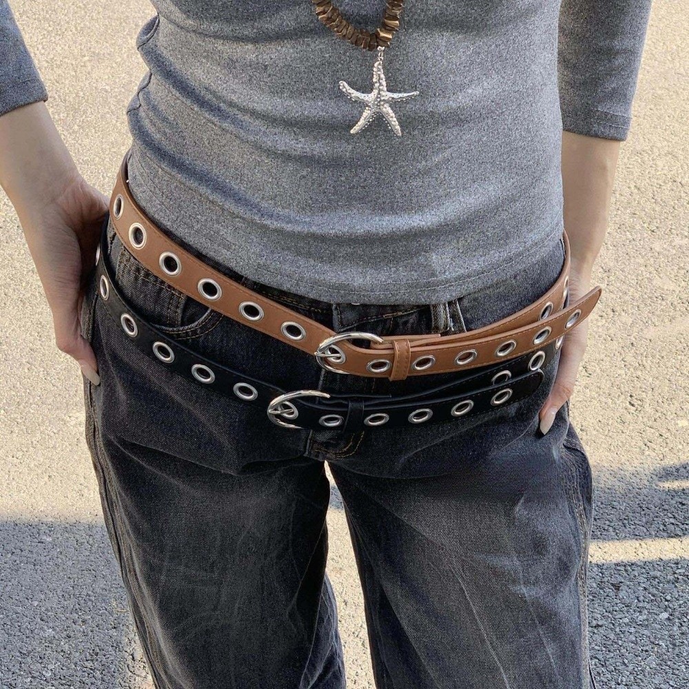 Y2K Gothic Eyelet Belt Adjustable Fashion Grommet Belt Textured Durable Punk Rock Waistband Parallel Holes Polished Metallic Shine Round Buckle Belt E-Girl Aesthetic Wardrobe