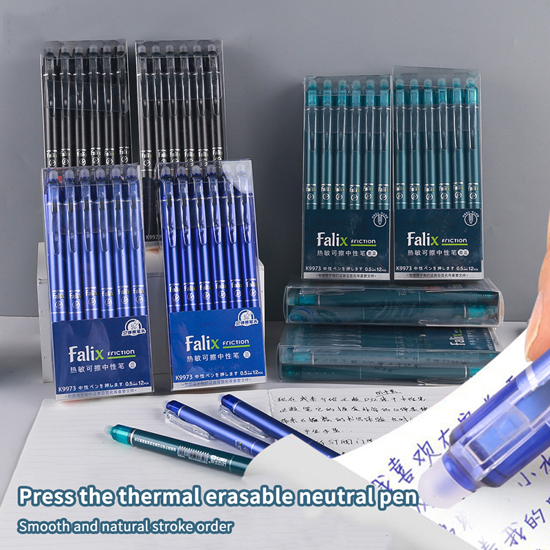 12Pcs 0.5mm Erasable Gel Pen Set Press Type Ballpoint Pen School Office Stationery Supplies Smooth Writing