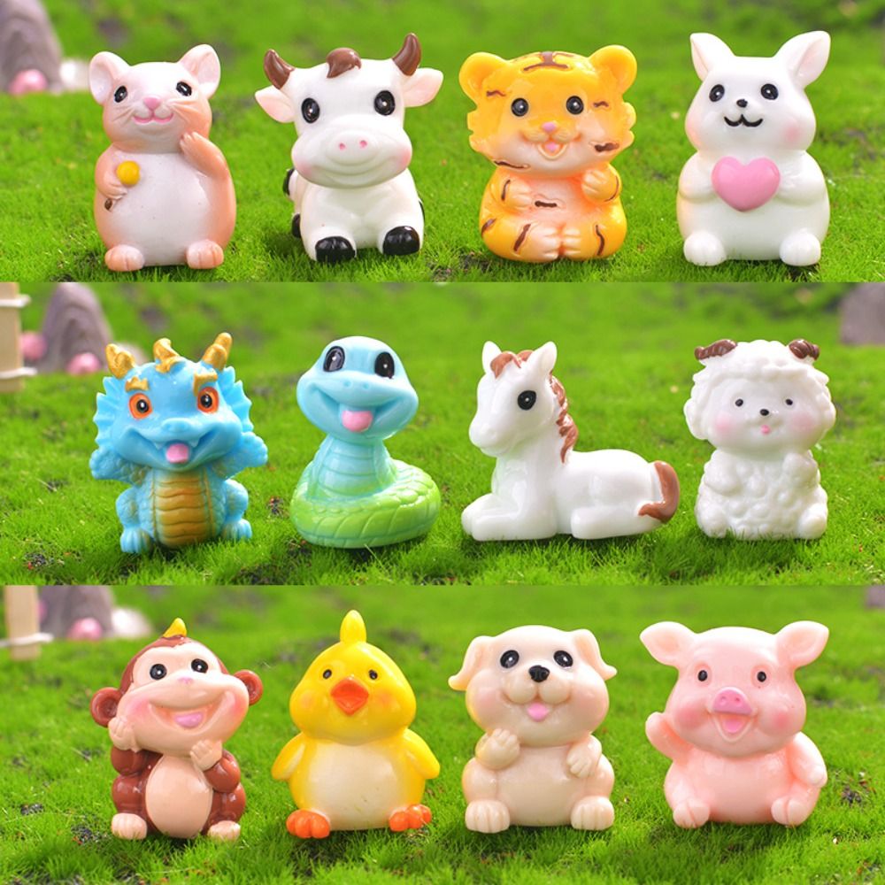 Kids Gift Cute Mini Twelve Zodiac Figurines DIY Handmade Zodiac Figurines Miniature Resin Crafts Cartoon Animals Ornaments Garden Decoration Accessories