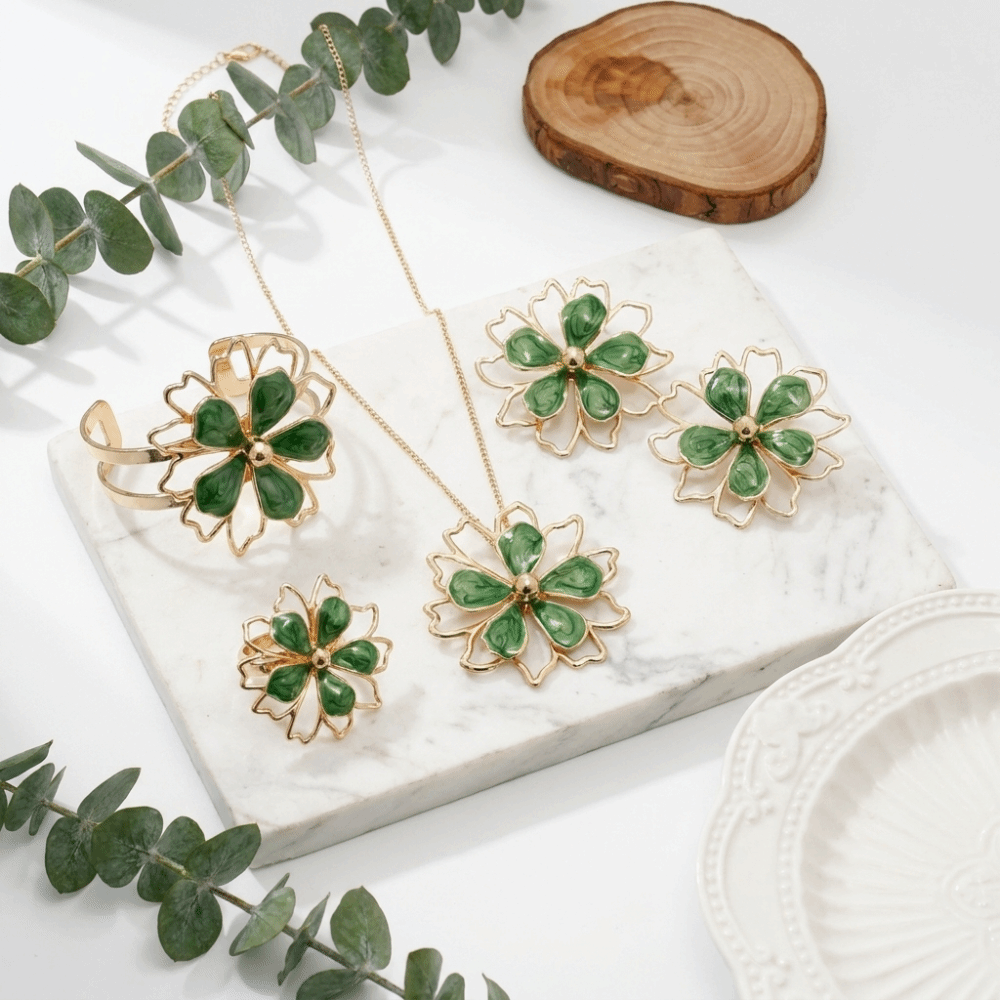 5 pcs/set Vintage Look Alloy Flower Jewelry Set Drip Oil Finish Earrings Necklace Bracelet Ring Lightweight Adjustable Statement Costume Jewelry Women