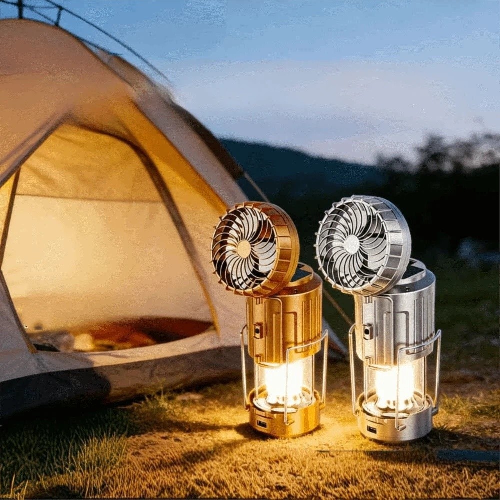 Long-Lasting Use Built-in Rechargeable Battery Solar Camping Lantern Soft Bright Lighting Solar Charging Design Portable Emergency Light Stretch Control Switch Gentle Wind Fan Handheld Stretch Light Camping