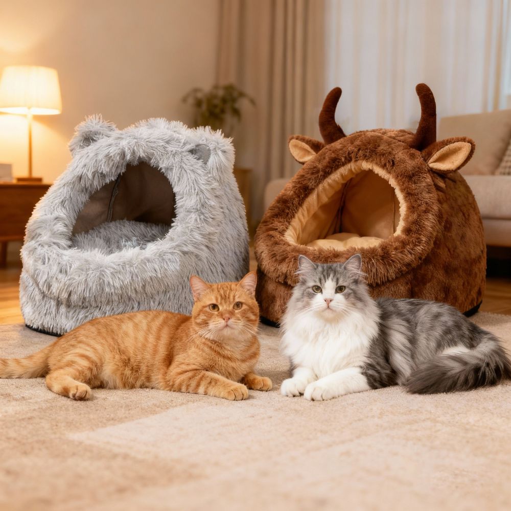 Cute Cushion Cat Sleeping Beds Washable Plush Dog Nest Semi Enclosed Dome Comfortable Kitten Mattress Cave Pet Supplies