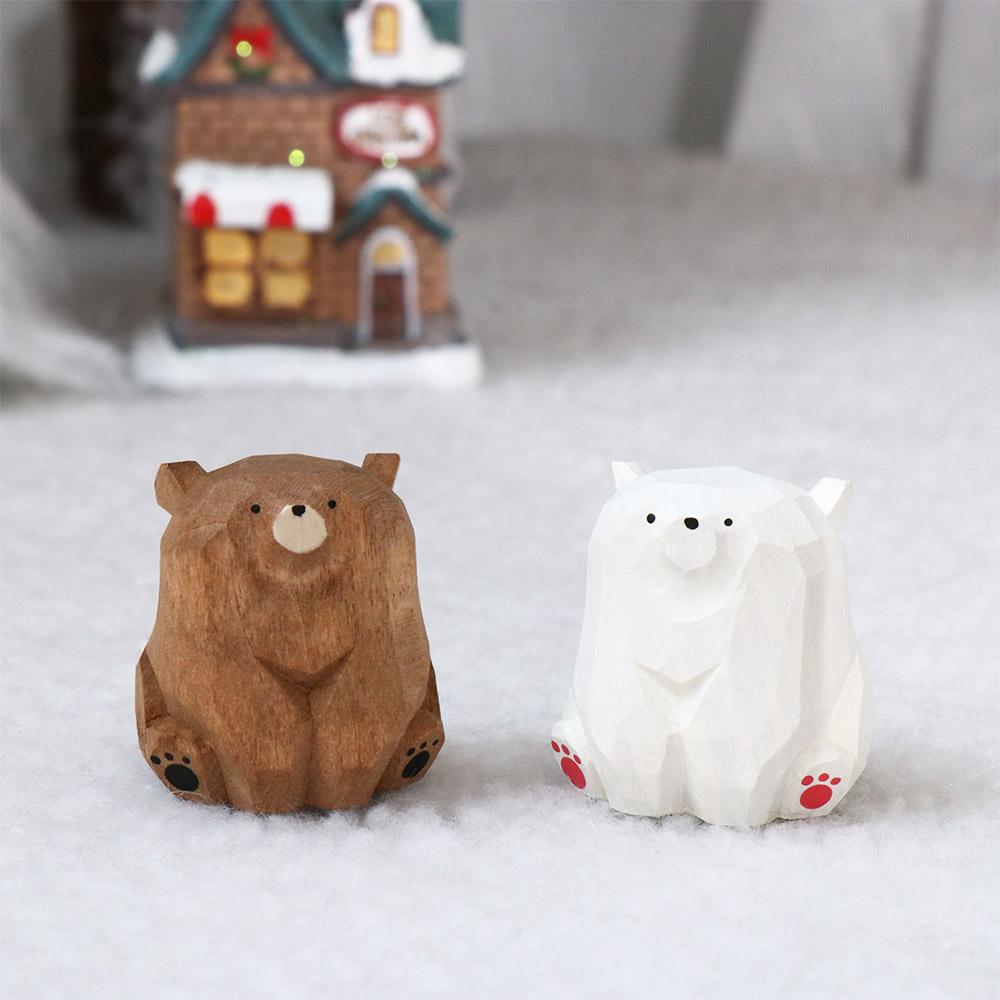 Creative Solid Wood Wooden Bear Figurines Hand Carved Cute Polar Bear Ornament Funny Realistic Mini Bear Statue Car