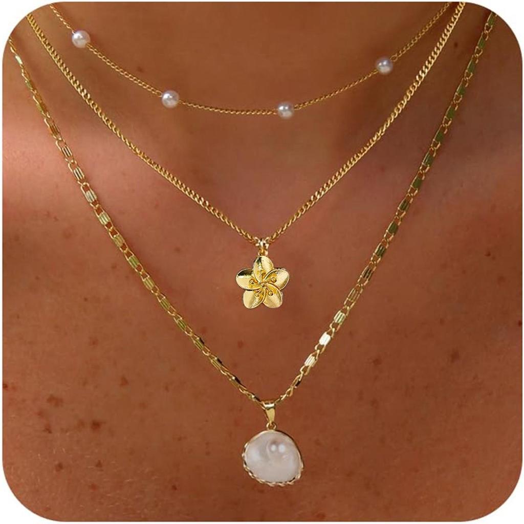 3Pcs/Set Retro Pearl Shell Flower Multilayer Pendant Necklace, Long Necklace Party Jewelry Accessories Fashion Vacation New