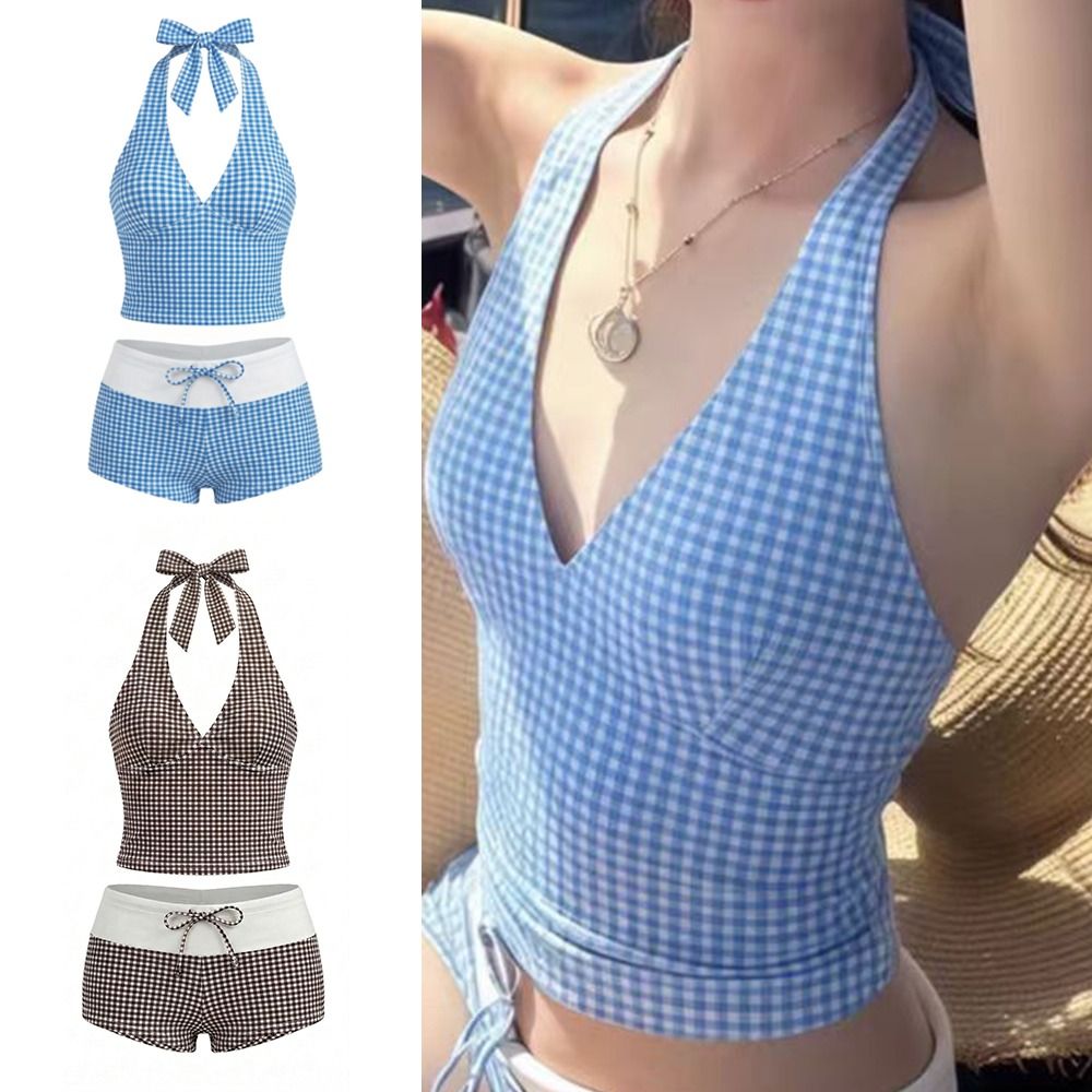 Casual Halter Neck Sling Two Pieces Bikini Suit V-Neck Y2k Stripe Swimwear Set Summer Slim Fit Plaid Swimsuit Vacation