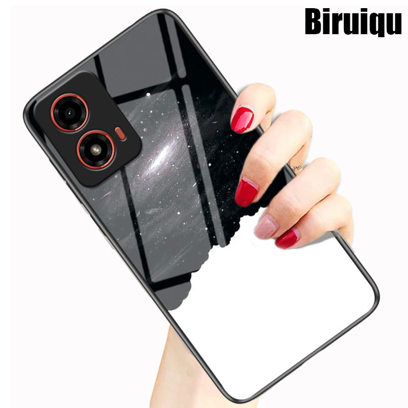 Biruiqu For Motorola Moto G04 Shockproof Starry Colorful Tempered Glass Back Soft Silicone Edge Case Cover