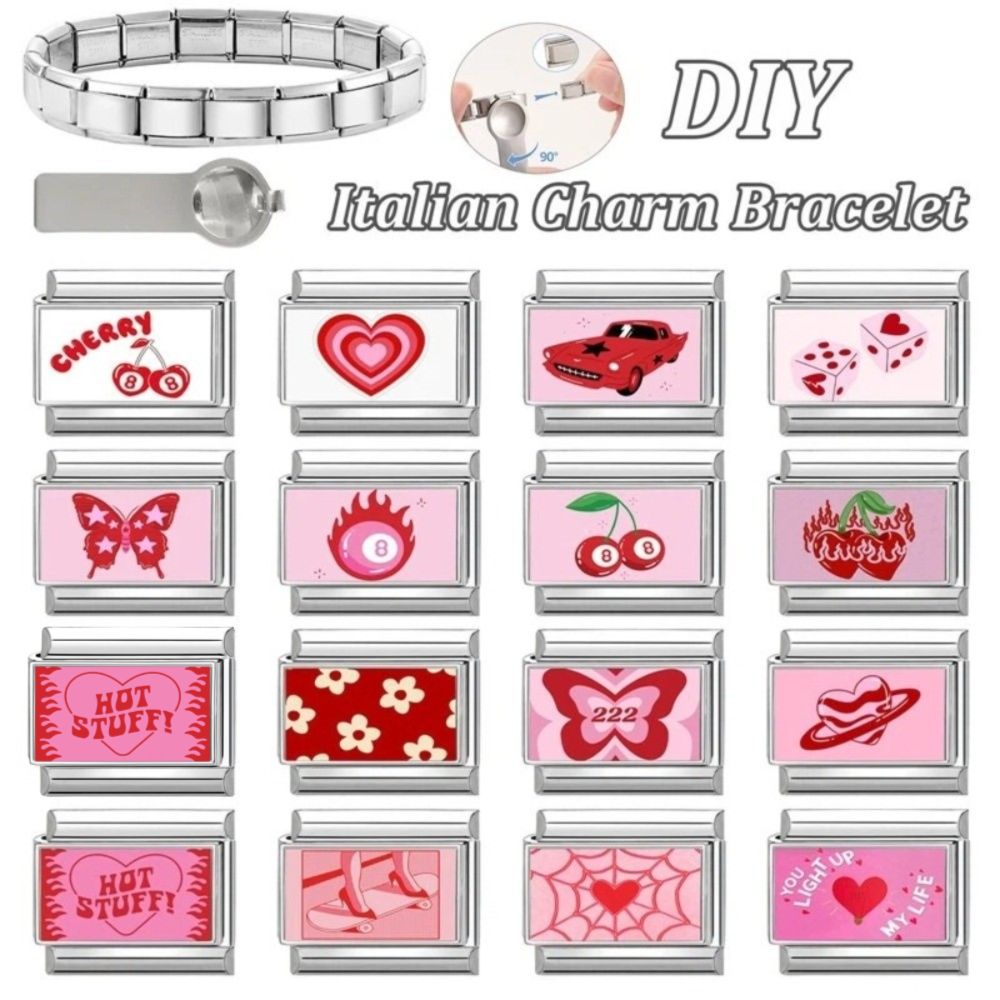 Creative Red Pink Heart Charm Bracelet Adjustable Fit 9mm Bracelet Charm Bracelet Link Stainless Steel Colorful Charm Italian Links For Gifts