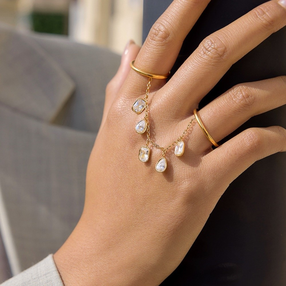 Geometric Zircon Tassel Pendant Rings Gold Color Stainless Steel Cubic Zirconia Rings Drop-shaped Gothic Style Rings