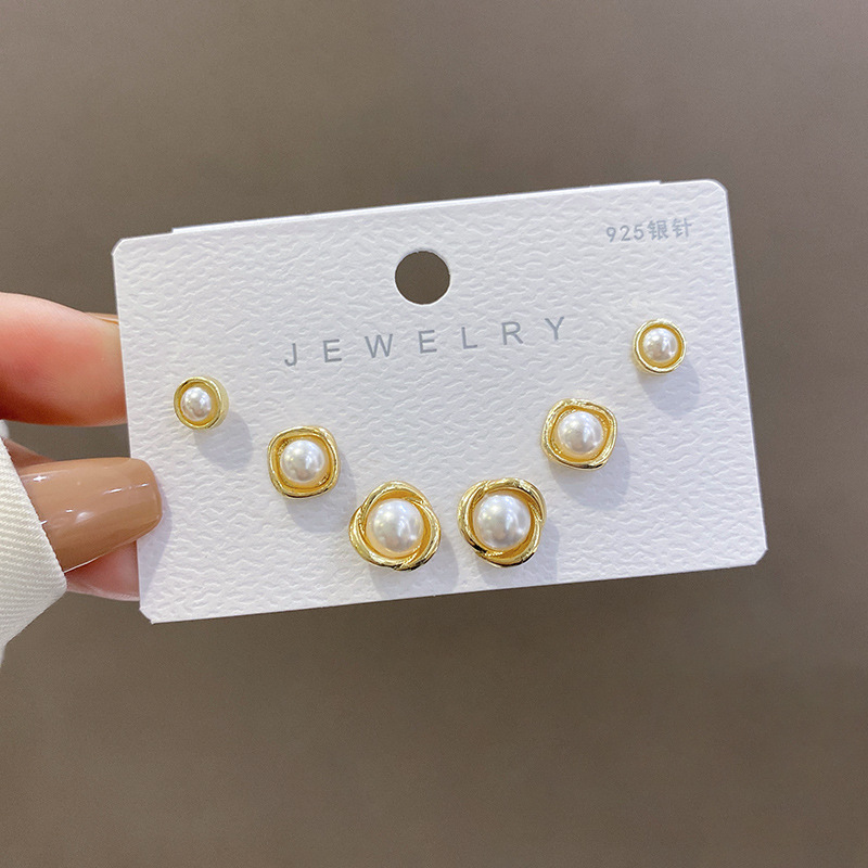 【Quality certifications】925 Silver Three Pair Pearl for Women's Niche Simple Ear Raising Earrings for One Week Cold Style Elegant Ear