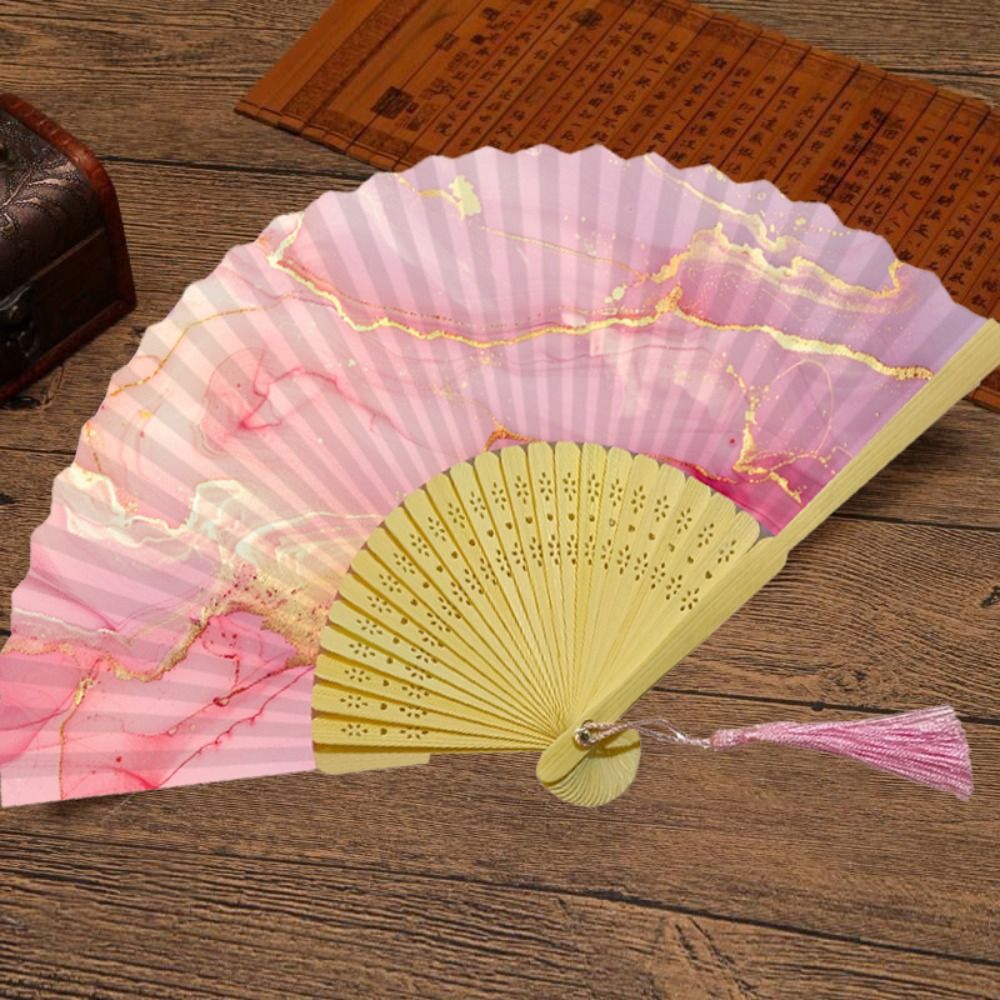 Portable Colorful Tassel Bamboo Folding Fan Gilding Handmade Craft Antiquity Folding Fans Traditional Elegant Xuan Paper Fan Summer Accessory