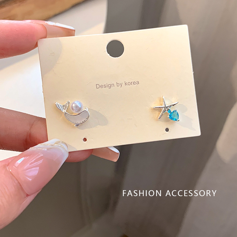 【Quality certifications】Unique Blue Fake Wind Imitation Pearl Earrings Dolphin Starfish Small Earrings Cute High-end Sense Personalized Earrings for Women