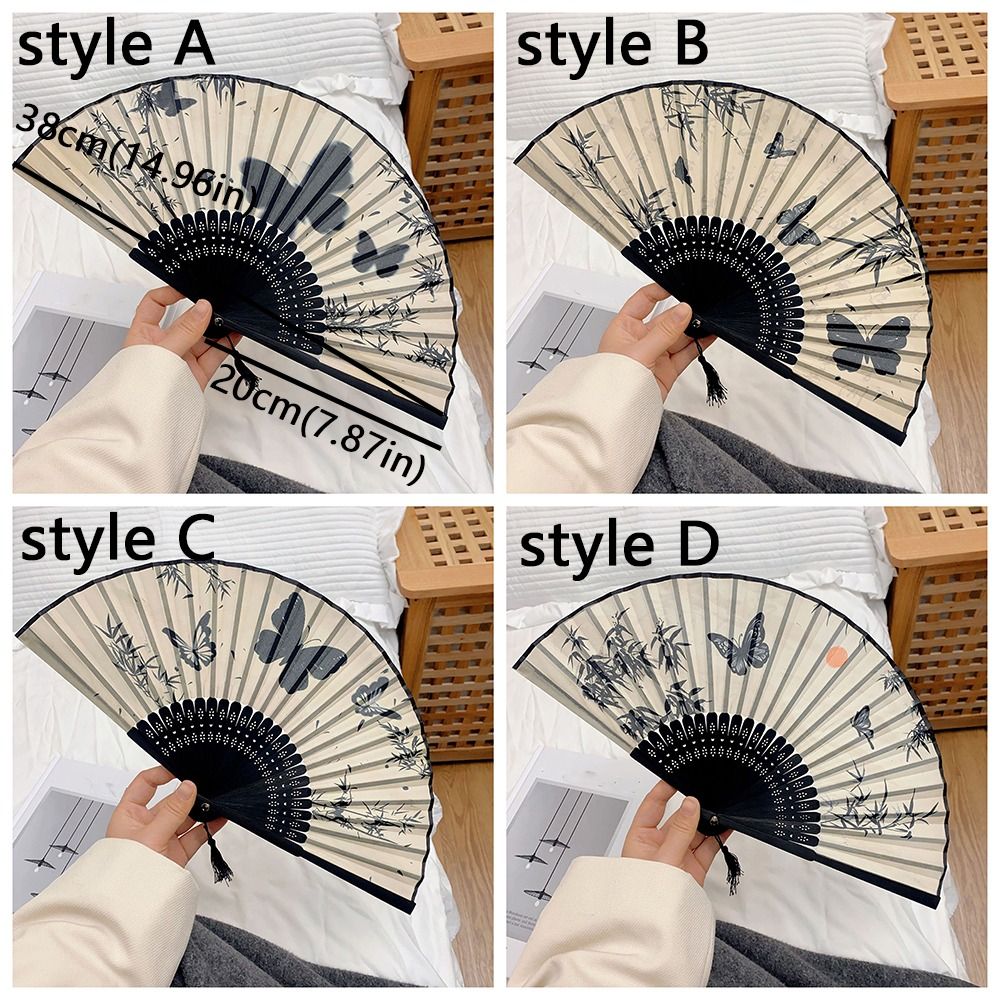 Art Craft Vintage Silk Folding Fan Chinese Style Butterfly Print Bamboo Fan Wooden Handle with Tassel Decorative Fan Dance Props