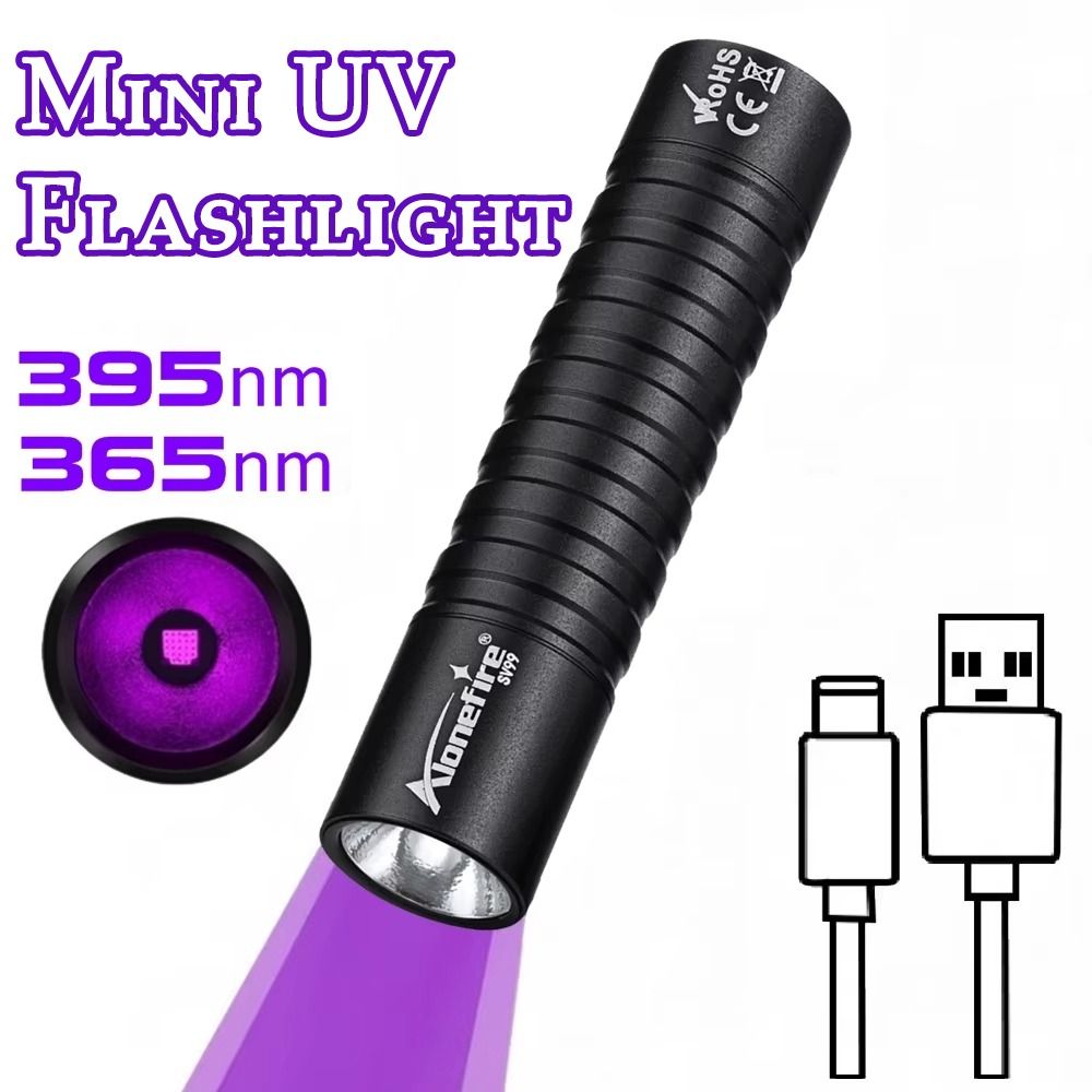 Multi-Purpose Creative Mini UV Flashlight Type-C Rechargeable Aluminum Alloy Ultraviolet Nail Lamp Durable Practical Pet Fungus Detection Marker Checker Detection