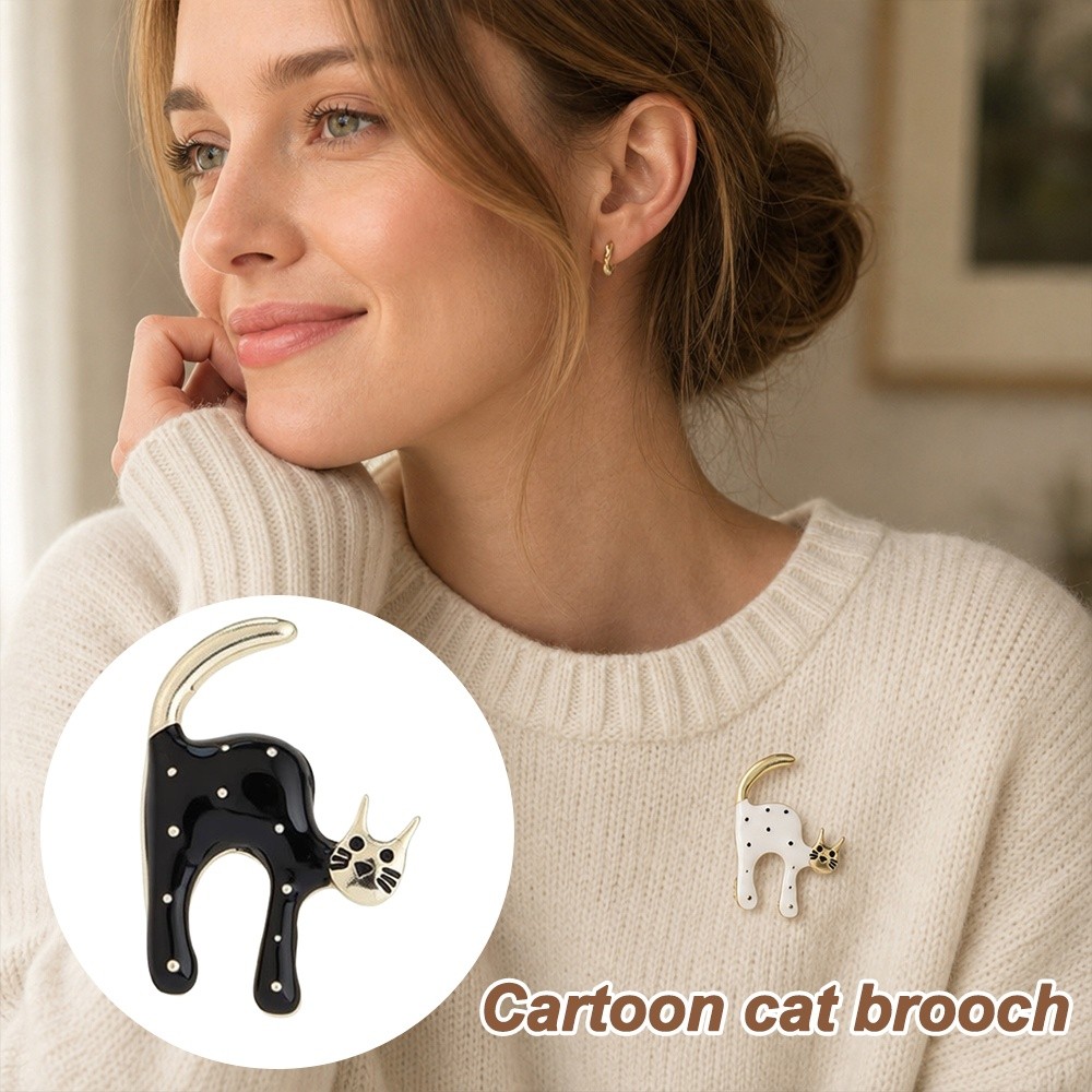Creative Cute Kitten Cat Brooches Black White Cartoon Cardigan Clip Enamel Animal Scarf Adjuster For Men Women
