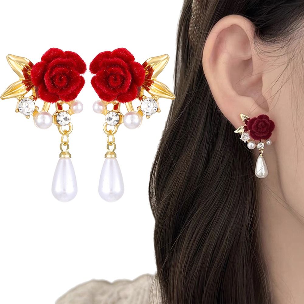 1Pairs Sweet Rose Flower Retro Bridal Earrings for Women Chinese Style Super Fairy Decorative Earrings Red Velvet Vintage Rose Pearl Stud Earrings For Party