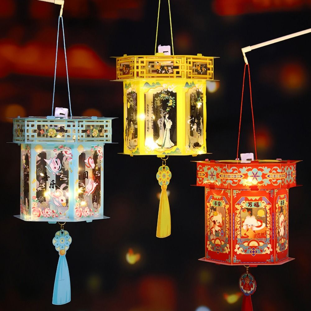 Decorative Chinese Style Mid Autumn Glowing Lanterns Waterproof Cartoon Portable Lantern PVC DIY Handheld Lantern Children's Gift