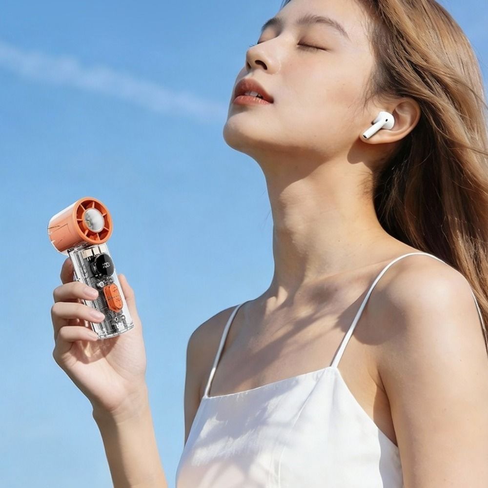 Outdoor Cooling Device 100 Gears Mini Pocket Turbo Fan Rechargeable with LED Light Handheld Fan Transparent Body Adjustable Speeds Neck Hanging Small Fan Travel