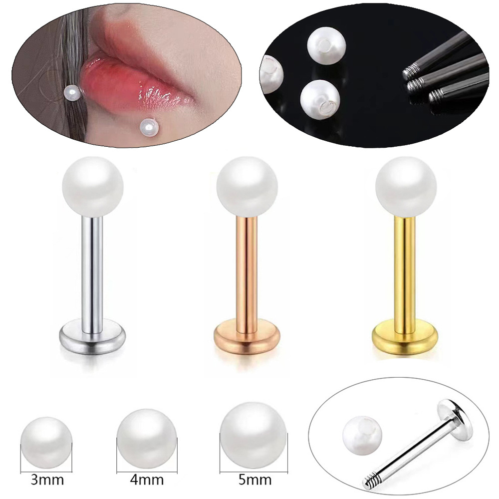 【New arrival】Pearl Lip Stud Stainless Steel Electroplated Multicolor T-shaped Flat Bottom Rod Earrings Imitation Pearl Jewelry