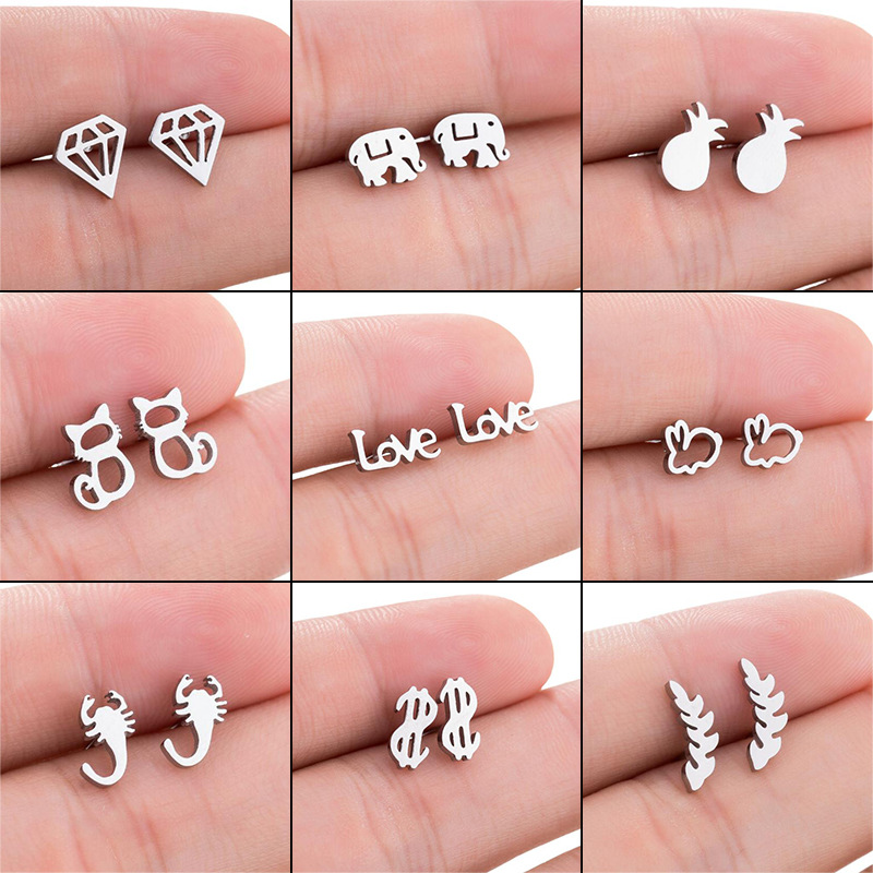 【Top-notch quality】Geometrical Simple Fruit Earrings Ins Female Design Sense Stainless Steel Cute Like Cat Rabbit Ear