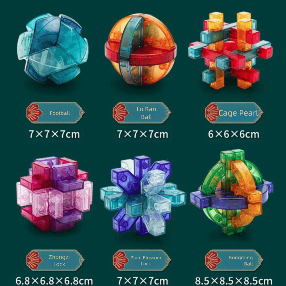 Developmental Toys Transparent IQ Brain Teaser Puzzles Luban Lock Unlock Toy Kong Ming Lock IQ ABS Plastic LuBan Lock Children and Adults