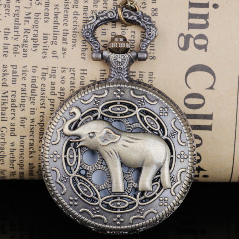 【New Trend】Hollow Elephant Desing Pocket Watches Chains Quartz Pocket Watches Necklace Chain Pendant for Mens Womens CF1195