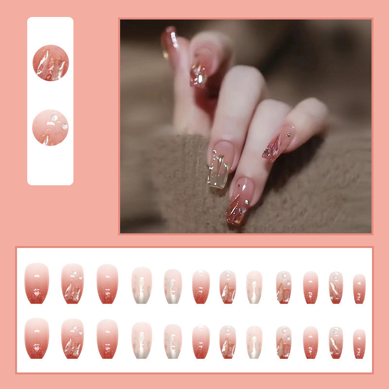 24Pcs Pink Girl Crystal Fake Nails with Glue DIY Art Design False Nails Wearable Artificial Nails New 2025