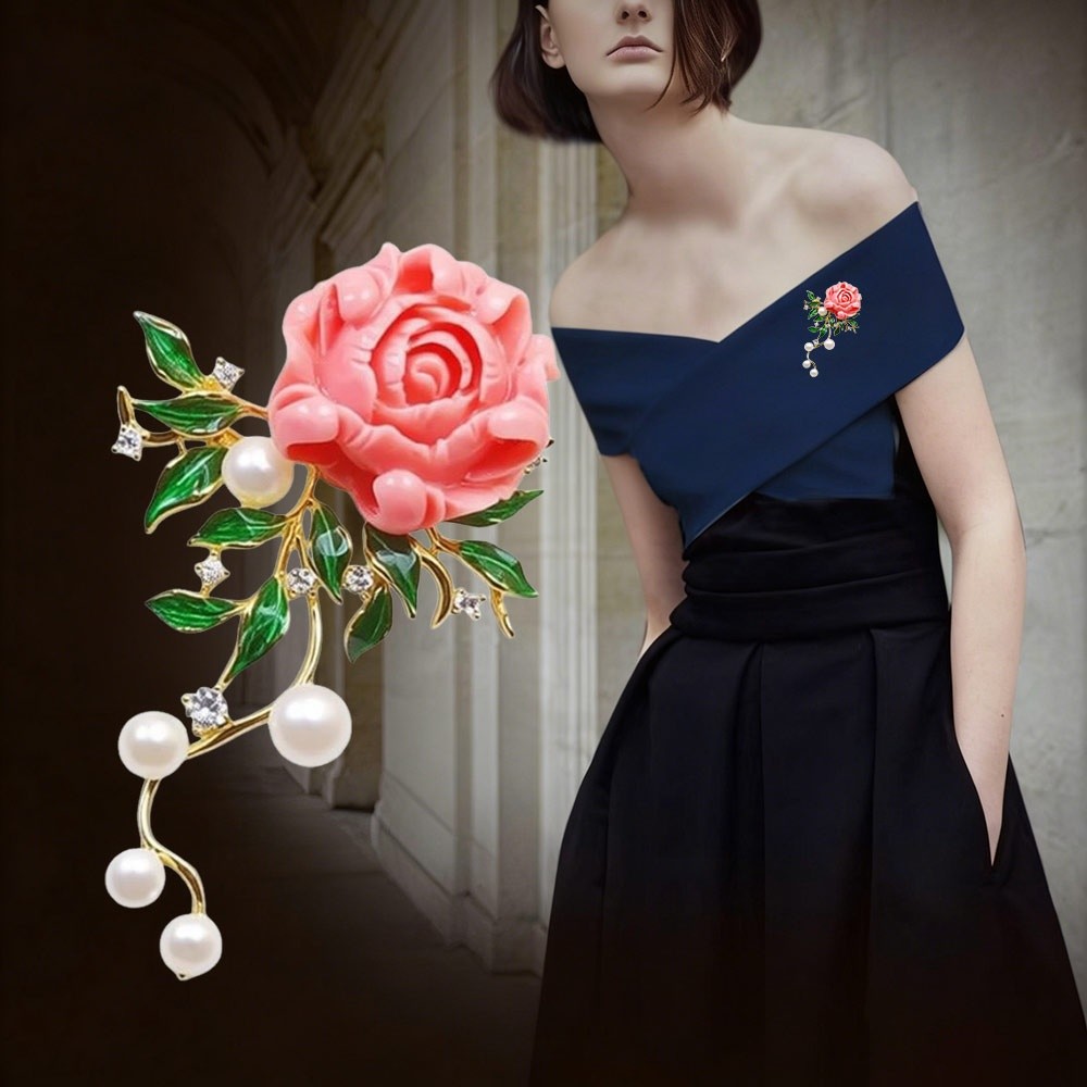 New Sweet Pink Peony Flower Brooches Sparkling Zircon Brooches Pearls Brooches Women Dress Decoration
