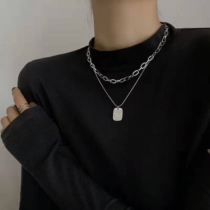 【New Arrivals】Double-layer chain nameplate necklace English high-end jewelry domestic chain hot girl trendy men sweet cool personality