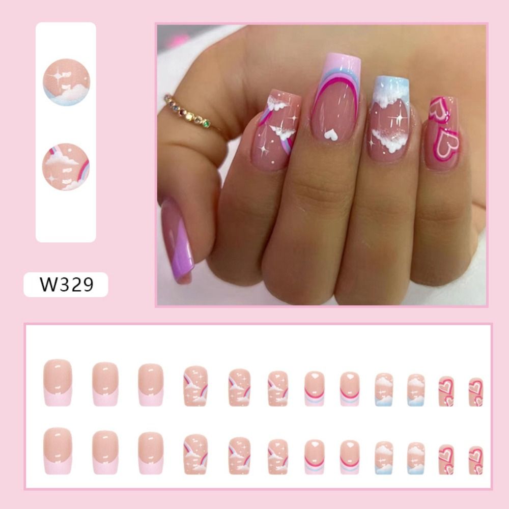 24pcs DIY Manicure Fake Nials Press on Nails Colorful Cloud Green Long Square False Nails Blue Love Heart French