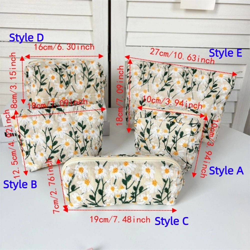 Sweet Daisy Makeup Bag Dustproof Portable Embroidered Cosmetic Bag Large Capacity Canvas Pencil Case Student