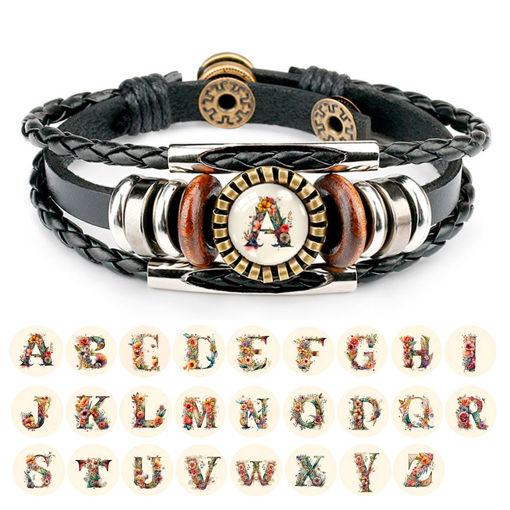 【Cheap】New 26 Letter Leather Cord Adjustable Retro Bracelet Time Gem Glass Bracelet Jewelry for Men
