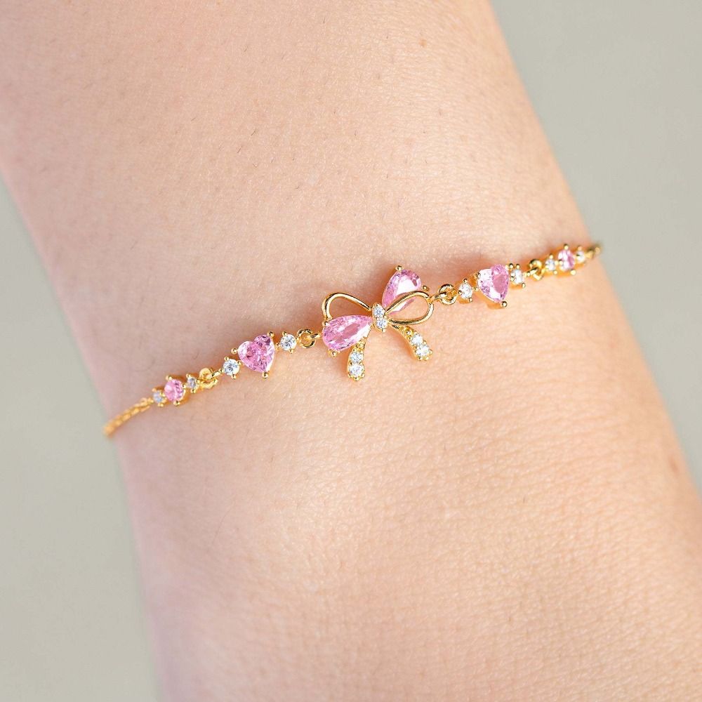 Daily Staggered Design Pink Bow Bracelet Love-heart Ornaments Pink Bowknot Bracelets Adjustable Jewelry Cute Sweet Necklace Gift