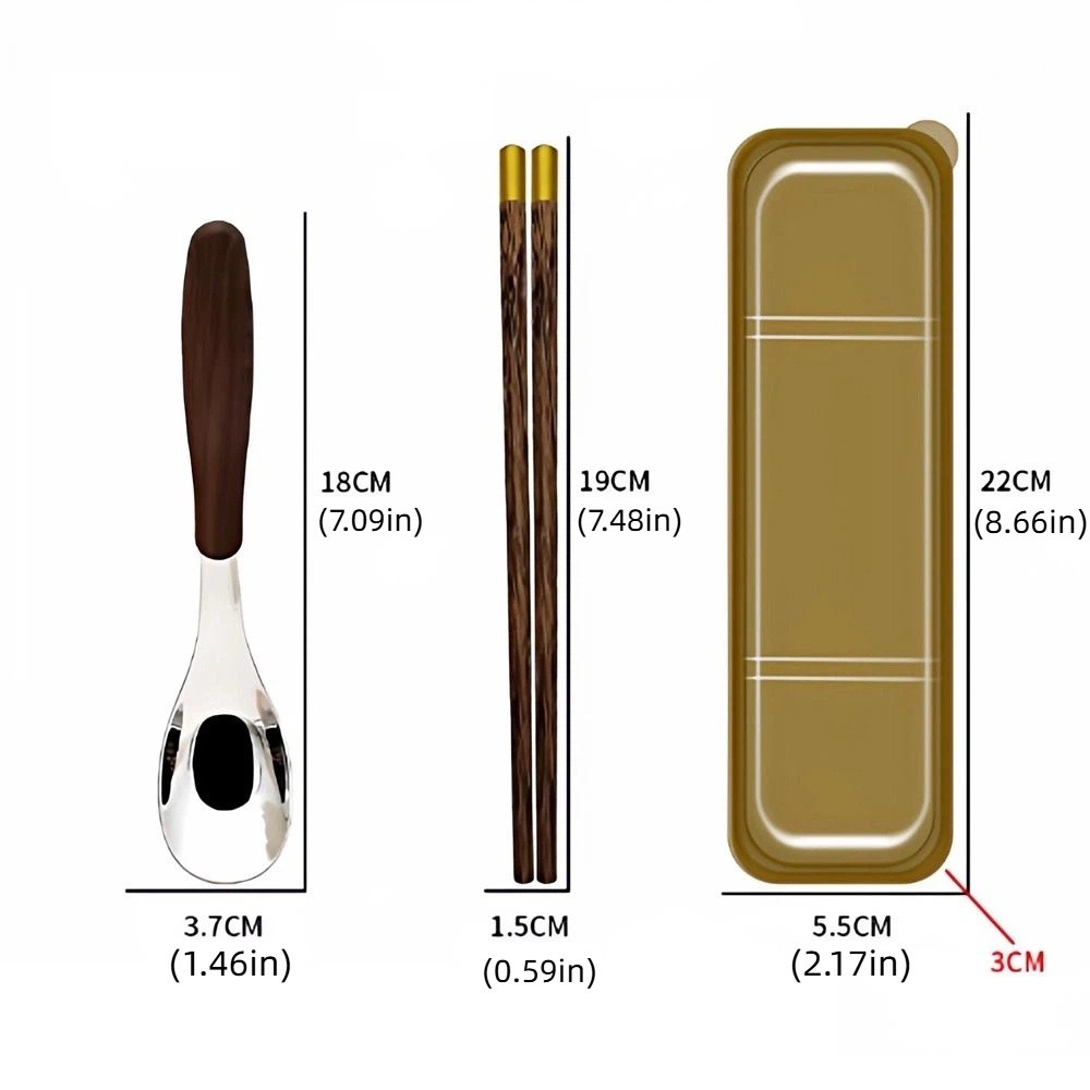 Multi-functional Rust-proof Wooden Chopsticks Set Japanese Style with Storage Box Stainless Steel Spoon Wood Grain Handle Convenient Travel Flatware Camping
