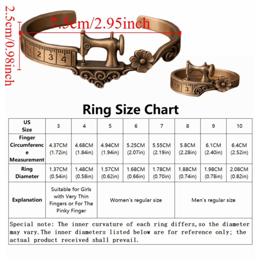 New Elegant Sewing Machine Bracelet Vintage Unique Adjustable Cuff Bracelet Metal Craft Design Finger Ring Special Occasion