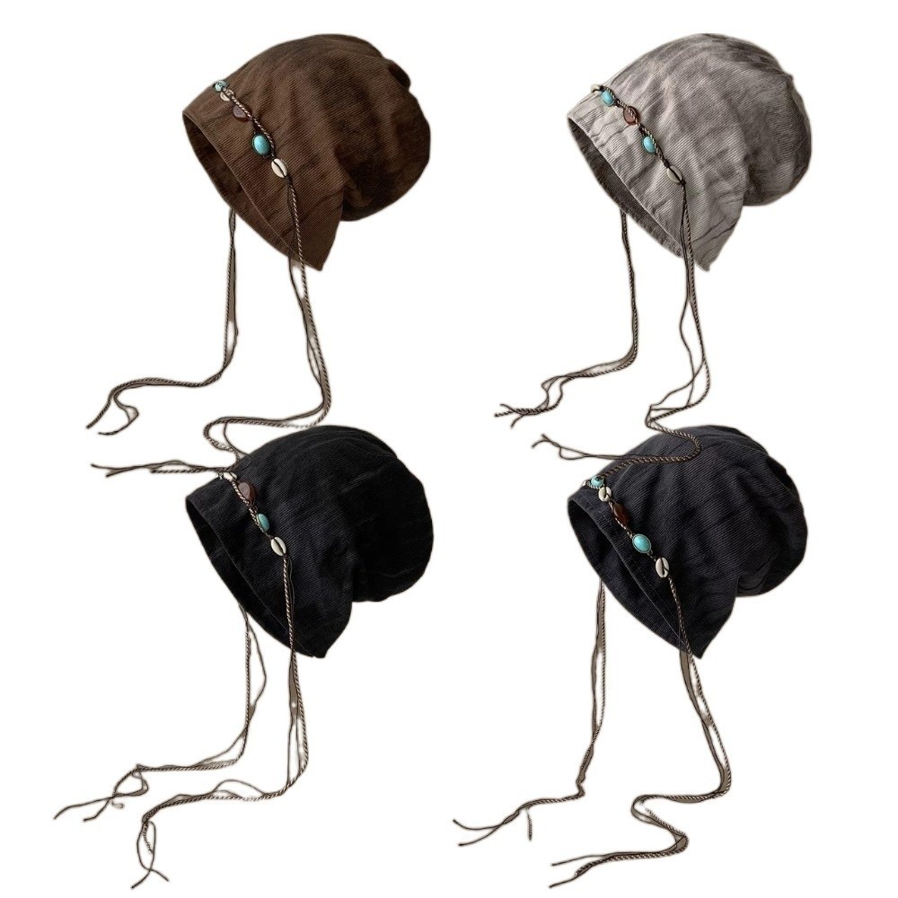 Vintage Beaded Decor Y2k Baggy Cap Ethnic Style Beanies Cap Warm Versatile Pullover Hats Autumn Winter