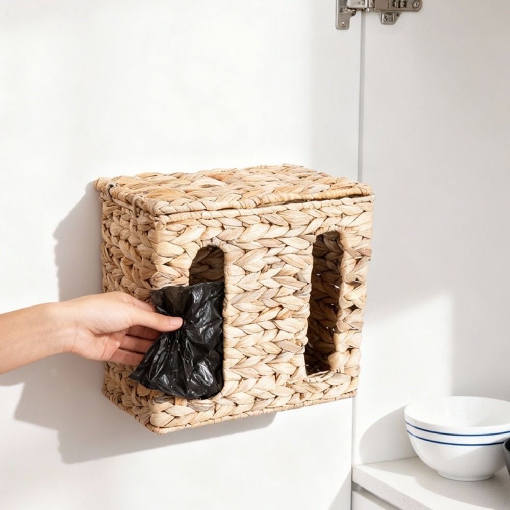 Practical Rectangular Straw Weaving Storage Basket Wall Mounted Large Capacity Tissue Box with Lid Sundries Organizer for Kitchen
