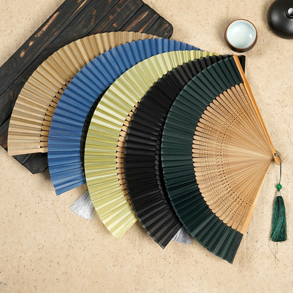Antique Silk Fan Carved Handle Bamboo Folding Fan Handhold with Tassel Chinese Fan Vintage Dance Fan Gift