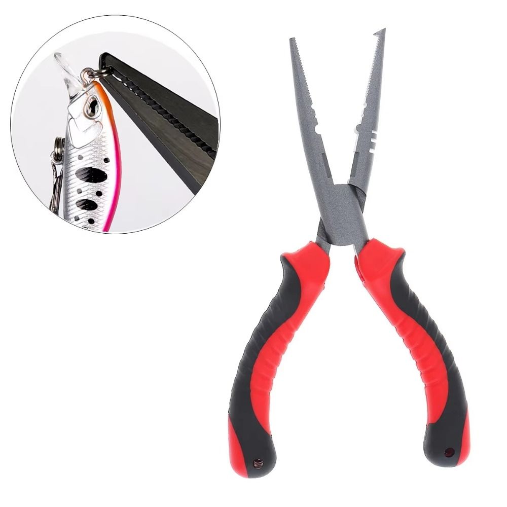 Angling Equipment High Carbon Steel Fishing Pliers Line Cutter Split Pliers Fish Mouth Pliers Hook with Rubber Handle Remover Bent Long Nose Fishing Tied Hooks Pliers Fishing Tools