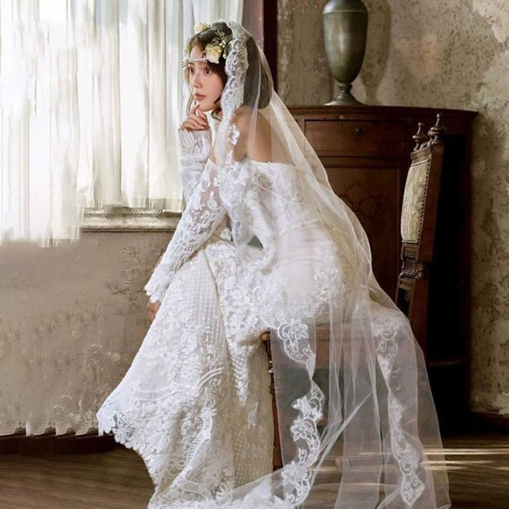 Elegant Lace Flower Bridal Veil Long Soft Tulle Wedding Veils Single-layer White Bride Head Gauze Bride Accessories