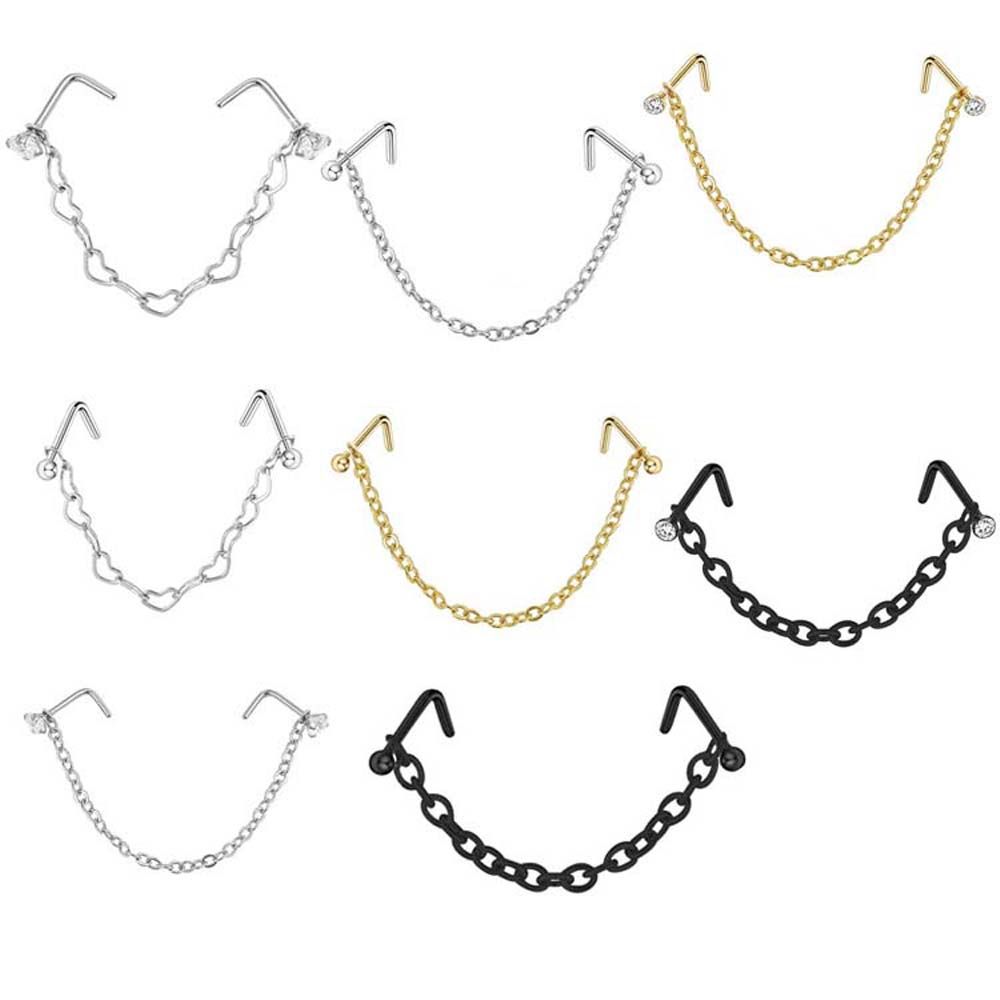 Women Hip Hop Nostril Ball Stainless Steel Septum Rings Earrings Piercing Nose Piercing Ring Double Nose Chain Septum Rings Nose Stud