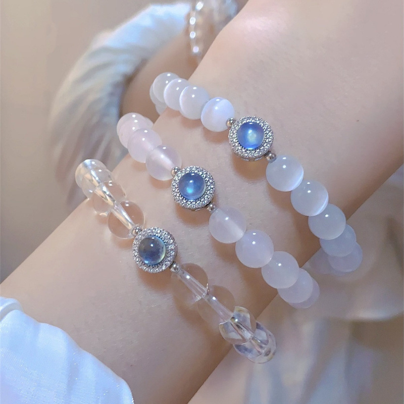 【Mega Sale】Flash Diamond Aquamarine White Crystal Opal French Bracelet White Bracelet Female Day Send Mother