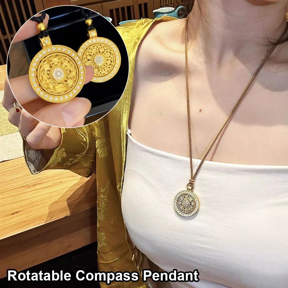 1Pcs New Gold Plated Compass Pendant Rotatable Hollow Out Diamond Embedded Necklace Sweater Chain Round Disk Eight Treasure Compass for Women