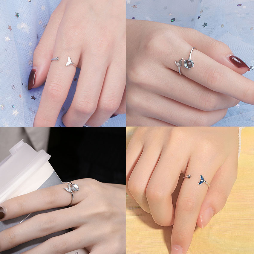 Yuanyan New Fashion Whale Tale Mermaid Blue Green Leaf Silver Color Finger Rings Stackable Moon Stone For Women Jewelry Gift Dropship