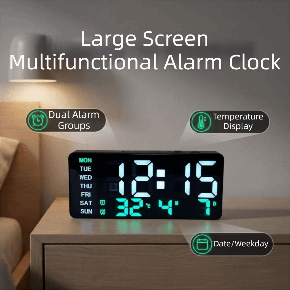 Alarm Clock Large Screen LED Digital Clock Multifunctional Night Light Electronic Clock Dual Alarm Week/Date Display Desktop Clock Study Room