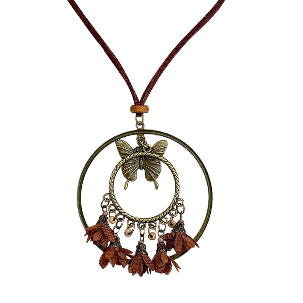 Retro Tassel Ethnic Style Necklace Flower Wood Long Sweater Chain Butterfly Neckchain Bohemian Style Necklace Women